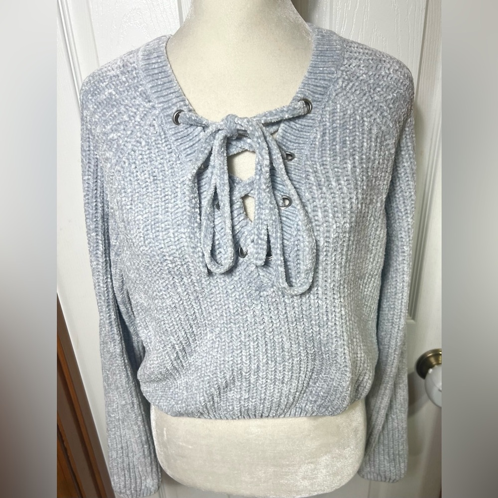L.A. Hearts Cropped Chenille Sweater Crop Top Light Blue V-Neck Long Sleeve XS - Picture 1 of 2